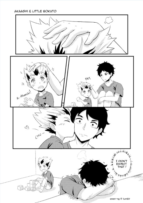 awen-ng:  I have been wanting to draw this after drawing the kid and adult of them! This is a 1 pg scenario where it shows their reactions after the kid got patted on their head. xD ( Read from Right to Left)