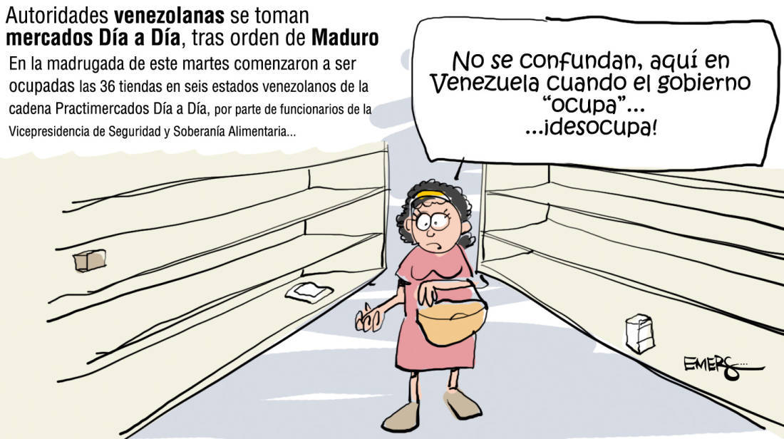 Autoridades venezolanas se toman mercados Día a Día, tras orden de Maduro.
Caricatura de Emer’s publicada el viernes 6 de febrero en El Colombiano.