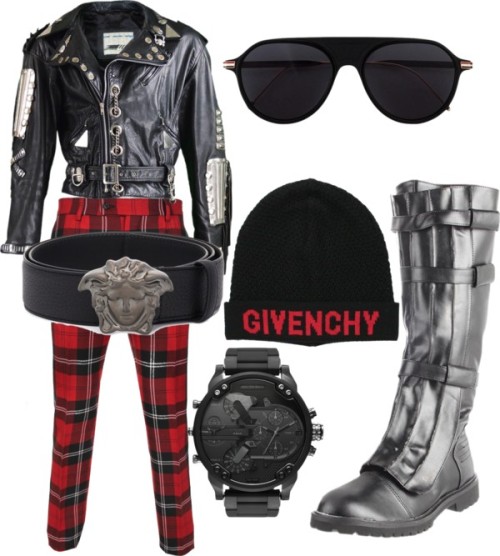 eclectic biker by louisjames featuring mens wool hatsVersace mens checkered pants / Vintage mens jac