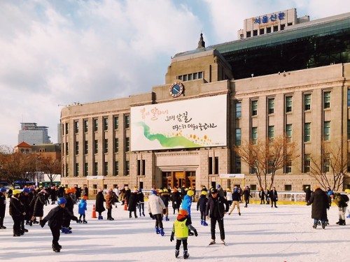 Ice skating at Seoul Plaza on a beautiful February day.