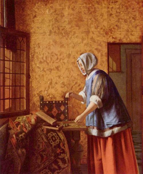 1659-1662 Pieter de Hooch - Interior with a Woman weighing Gold Coin