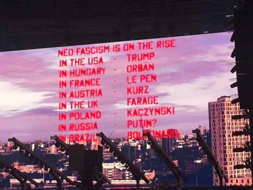 pipeschapmanss:  Roger Waters, São Paulo, Brazil, October 9.     Pink Floyd ex-member declared Brazilian presidential candidate Jair Bolsonaro as the South American country’s “neo-fascist on the rise,” displaying on screen symbols used by brazilians