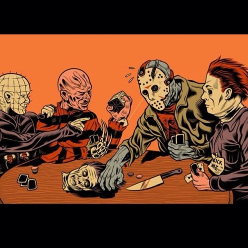 Who’s up for a killer game of poker? Lol #poker #tgif #killers #JasonVoorhees #Freddy #friday1