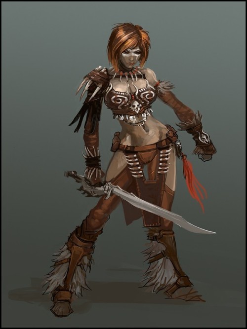 Illustrations of Tyris Flare in Golden Axe: Beast Rider.
