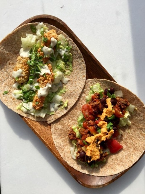 Vegan Tacos!  Breaded butternut squash with jalapeno lime aioli, or classic ‘meaty’ with salsa, blac