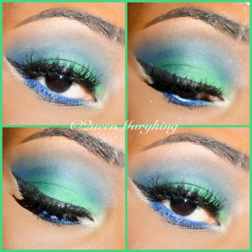 here I used the BH Cosmetics 1st edition palette. Mint green shadow on the lid, darker green in the 