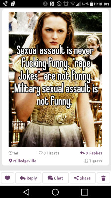 bdsmpetplay:  (tw: sexual assault)   A photographer I had on my friends list on Facebook made a post about how  “military men need to be sent after virgins in Iraq” ,  giving the clear indicating of rape.   That’s not funny.  Do you know how many