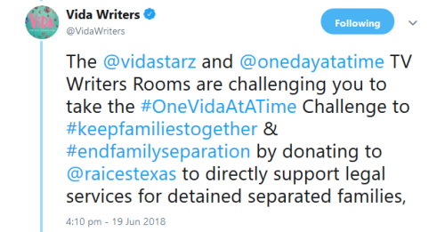 Vida & ODaaT Writers Room Challenge to help keep families together. Donate to their fund to dire