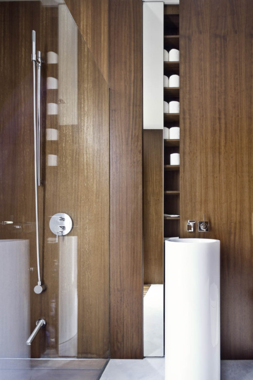 {Minimalist with some cute details… love the ladder thing in the dressing room/hall… a