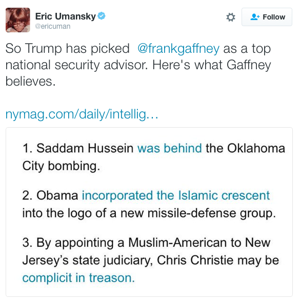 micdotcom:  Donald Trump adds “notorious Islamophobe” Frank Gaffney to his transition