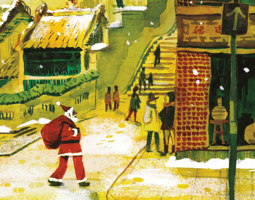 Christmas Illustration for December 2017 Mid-Levels Magazine (Hong Kong Living). Santa passes throug