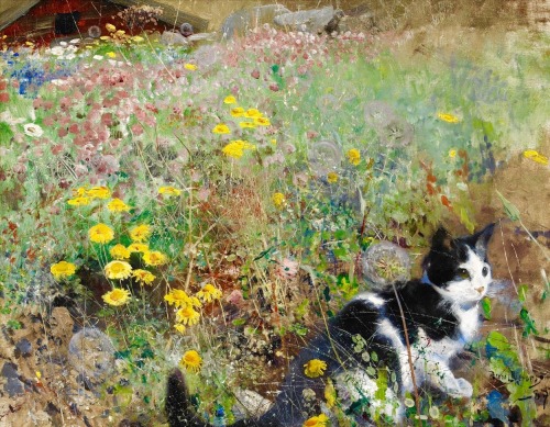 art-nimals:Bruno Liljefors, Cat on a Flowerbed, 1887
