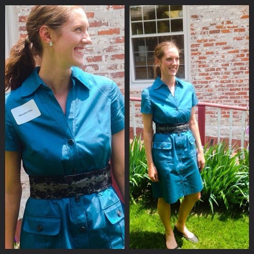 Black lace belt with blue shirt dress for Women in Investing luncheon #officechic #businesswear #fas