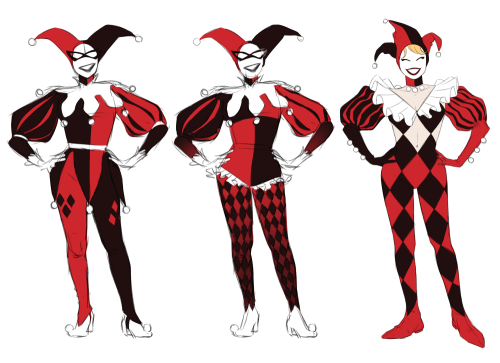 sketched some Harley Quinn costume ideas to add her to my batman family + foes ‘redesigns’~❤️