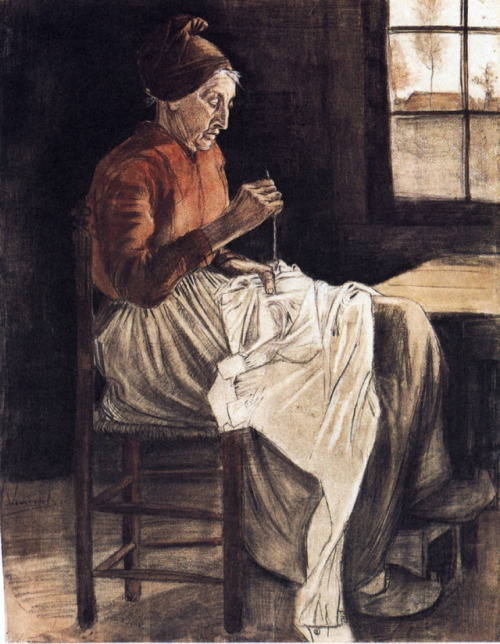 artist-vangogh: Woman Sewing, 1881, Vincent van GoghMedium: charcoal,watercolor,paper