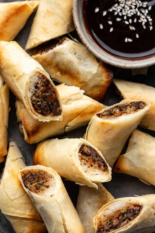 Baked vegan spring rollsBaked vegan spring rolls filled with meaty hoisin filling are a plant-based 
