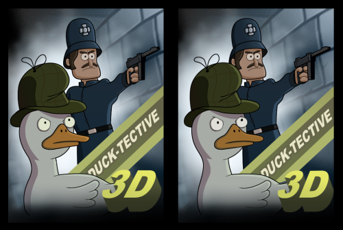 Duck-tective poster (3D cross-eyed) How to watch stereoscopic image in 3D