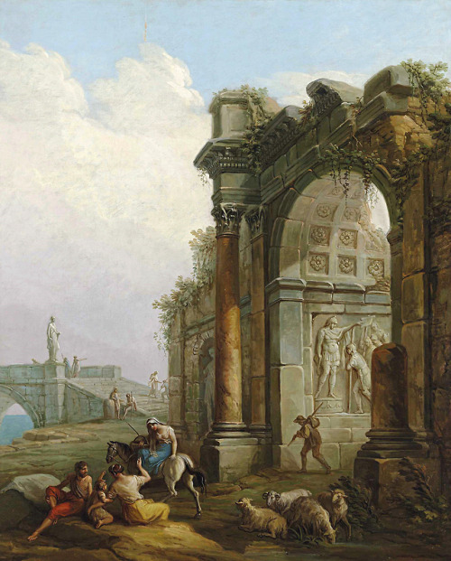 hadrian6:A Ruined Triumphal Arch with Figures. Antonio Zucchi. Italian 1726-1795. oil/canvas.  