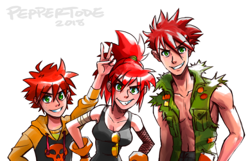 peppertode: Think of them as Gurren Lagann + the Weasleys. First concepts of Gertie with her brothers. Names are Max (younger) and Rusty (older).  X3