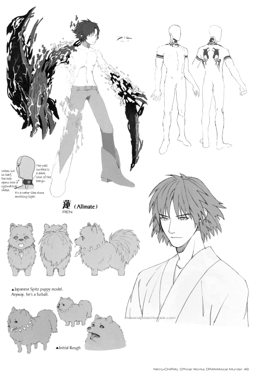 towerofpride:Ren Design Notes - DRAMAtical Murder Official WorksThe kanju (紺珠) mentioned on the third page is a dark blue gem said to allow one to recall memories when it’s stroked.  Holy crap the comments. Holy shit the early versions omfg (is