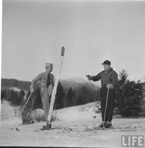 Boy scout earning his merit badge in skiing(Yale Joel. 1950)