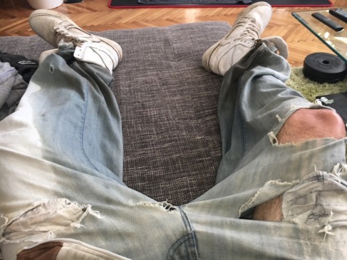 jeawhiz: sk8erpigvienna: At faggotboy’s home alone while he’s at work part 1 I love how your jeans look, all ripped and pissed! Looks so comfortable to wear! 