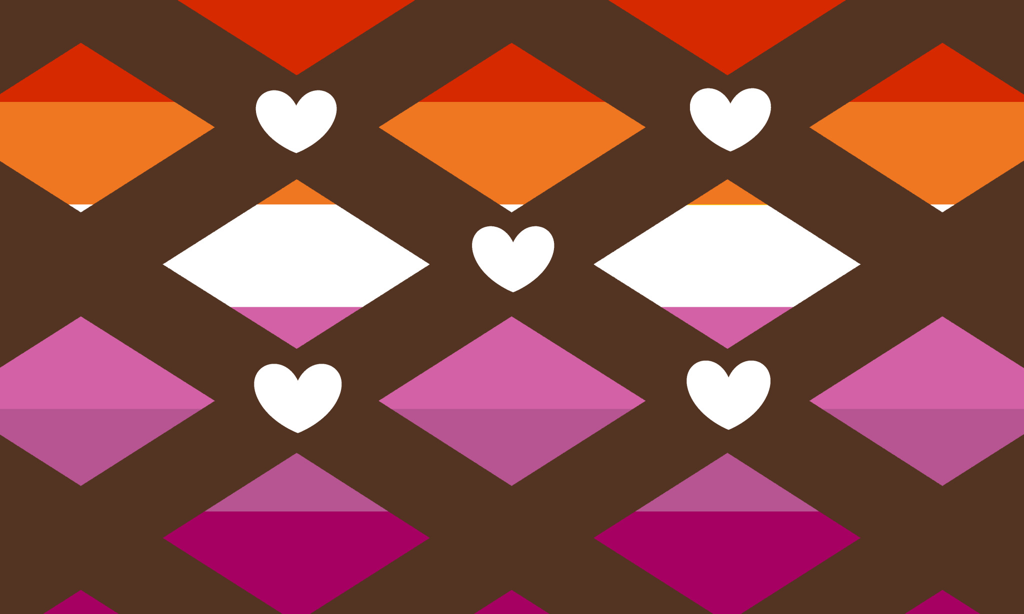The translesbian flag, which is the lesbian flag with light brown stripes going diagonally in both directions to form x's, with five small white hearts at the intersections of the stripes.
