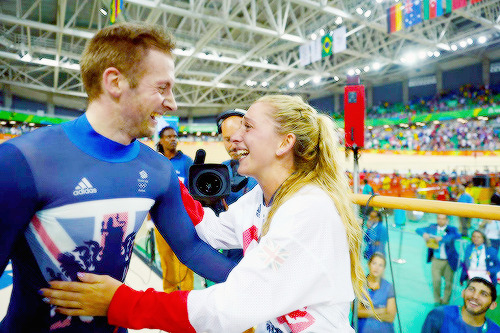 notabadday:Olympics 2016, 16th August: Jason Kenny celebrates with fiancée Laura Trott after winning