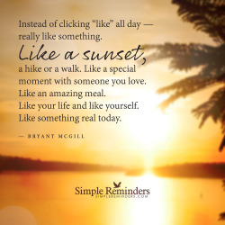 mysimplereminders:  “Instead of clicking “like” all day — really like something. Like a sunset, a hike or a walk. Like a special moment with someone you love. Like an amazing meal. Like your life and like yourself. Like something real today.“
