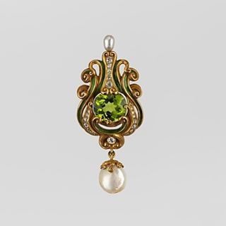 Renaissance revival pendant brooch constructed around 1900 by Marcus &amp; Company. Marcus &