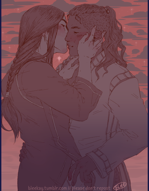 digital fanart of zuko and sokka from avatar, embracing. zuko has one hand holding sokka's face and the other sliding into the collar of sokka's tunic. sokka has a hand on zuko's waist and another just lifting the bottom edge of zuko's tunic. zuko is kissing sokka's cheek and sokka's eyes are closed, gently smiling. behind them are clouds and stars, and the image is colored in soft purple-blue and orange-pink. at the bottom it says bleekay.tumblr.com // please don't repost