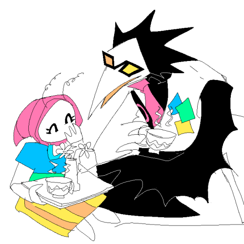 Artwork of Miss Paint from Homestuck and Swatch from Deltarune. They are sitting down and drinking tea together.