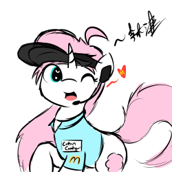 askkawaiispike:  dethklop:  ask-frigiddrift:  theonlycottoncandy:  So I got sponsored by McDonalds. From now on, Cotton Candy will always be wearing the MickeyD’s uniform - for the 30 minute challenge   P.S. Thanks to TheOnlyCottonCandy for helping