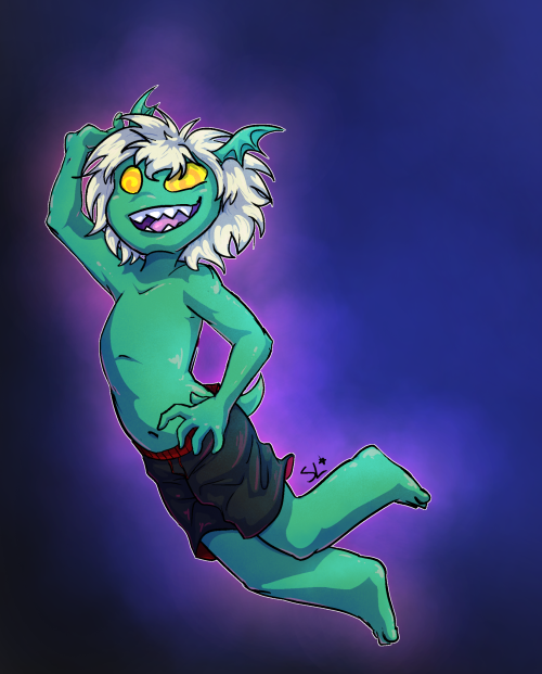 A green character (Kibitzer) with bat wing shaped ears, white poofy hair, and yellow eyes with orange swirls in them.  They're jumping with both legs bent, one arm bent at their side and their hand tensed up and fingers spread out, and the other arm flung back over their head.  They're wearing black swim trunks with dark red trim, and they're grinning, showing off sharp teeth.  They have a very short, pointed tail that arches upwards.  The background is a dark blue gradient with cloud textures, with a pink fuzzy glow behind Kibitzer.