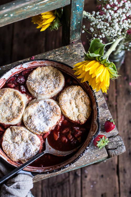 sweetoothgirl:  Skillet Strawberry Cobbler with Cream Cheese Swirled Biscuits