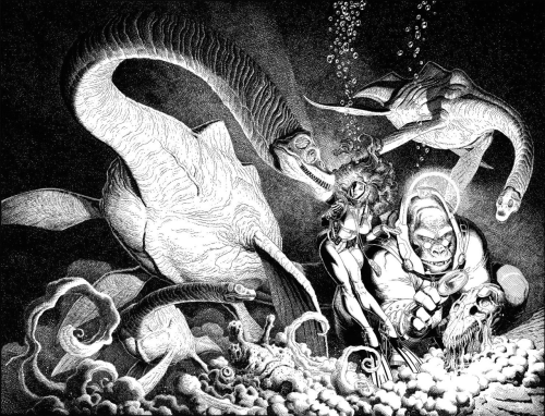 theartofthecover: Monkeyman and O'Brien and the Plesiosaurs sketch piece (2003)Art by: Arthur Adams 