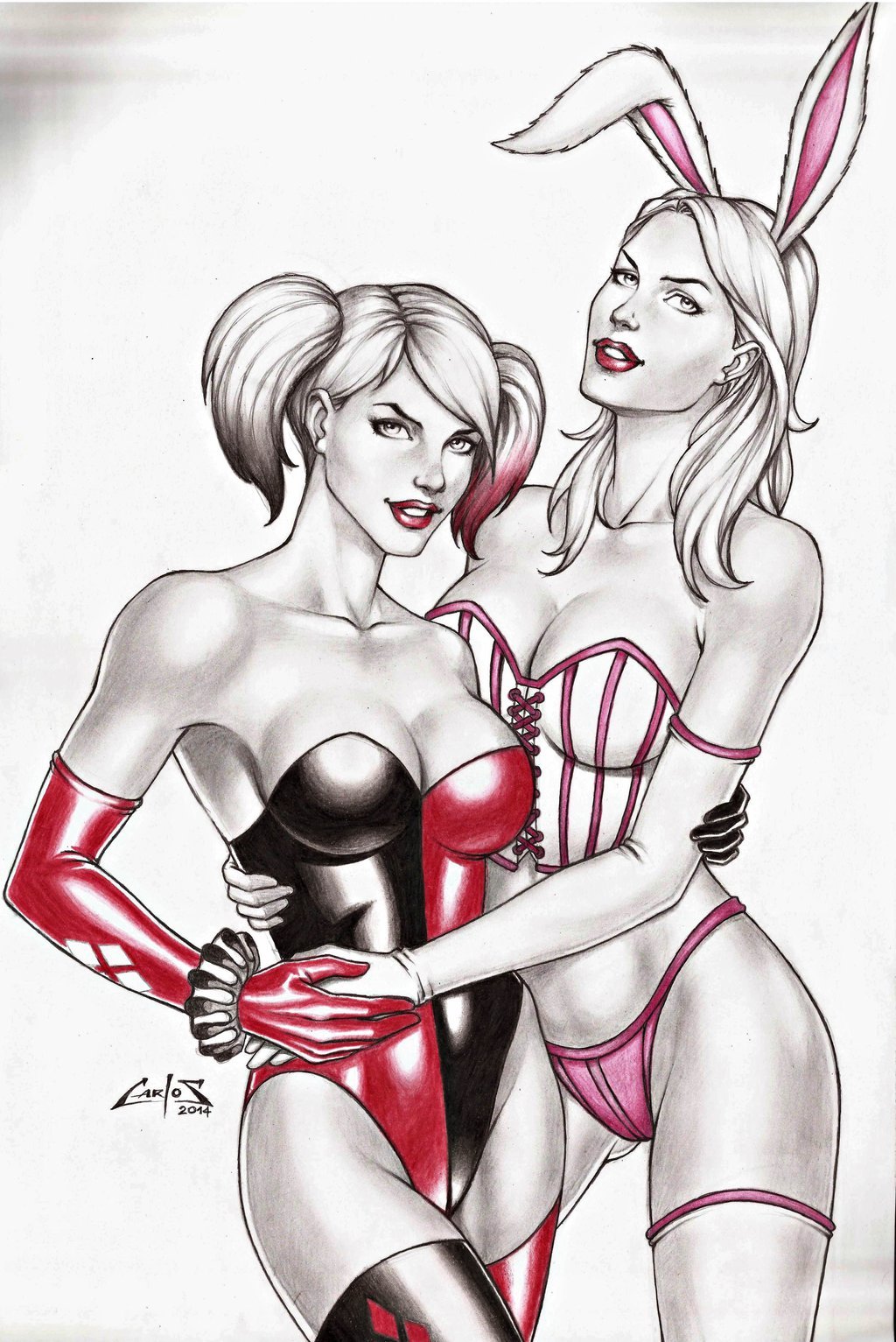 superheropinups:  Harley Quinn &amp; White Rabbit - Carlos Braga 