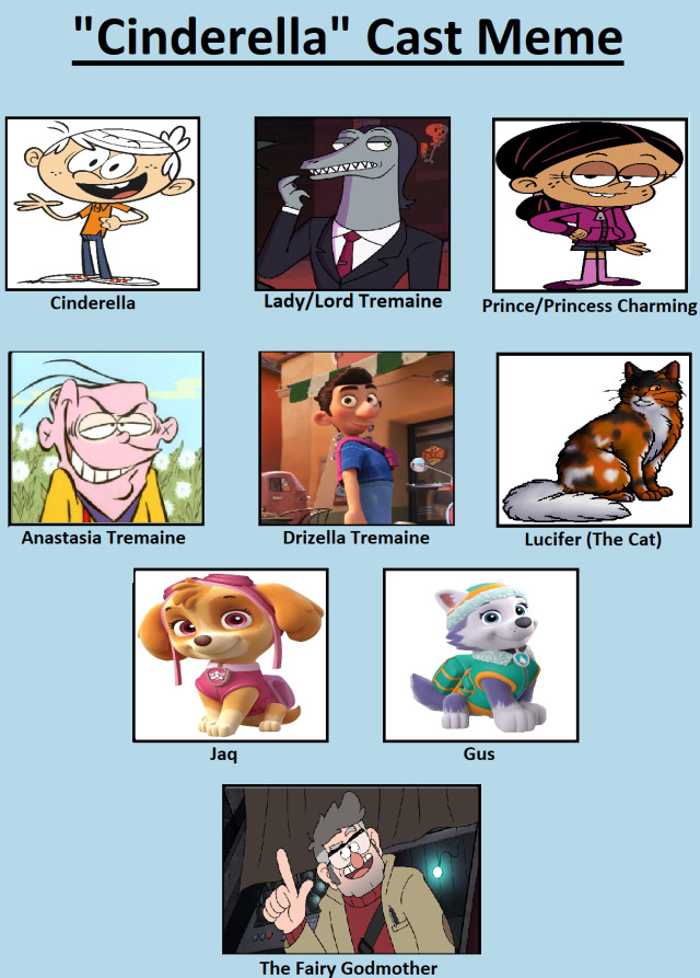 Heres my own Cinderella movie spoof.The Scullery BoyCast:Lincoln Loud (The Loud House) as Cinderella (As a Adult)Toffee (Star vs. The Forces of Evil) as Lady TremaineRonnie Anne Santiago (The Loud House) as Prince Charming (As a Adult)Eddy (Ed, Edd, NEddy) as Anastasia Tremaine (As a Adult)Ercole Visconti (Luca) as Drizella Tremaine (As a Adult)Mapleshade (Warriors) as LuciferSkye (Paw Patrol) as JaqEverest (Paw Patrol) as GusStanford Ford Pines (Gravity Falls) as The Fairy GodmotherMeme By Blaze-On-Fire #the loud house  #star vs the forces of evil  #ed edd n eddy #luca#warriors#paw patrol#gravity falls#cinderella au#cast meme