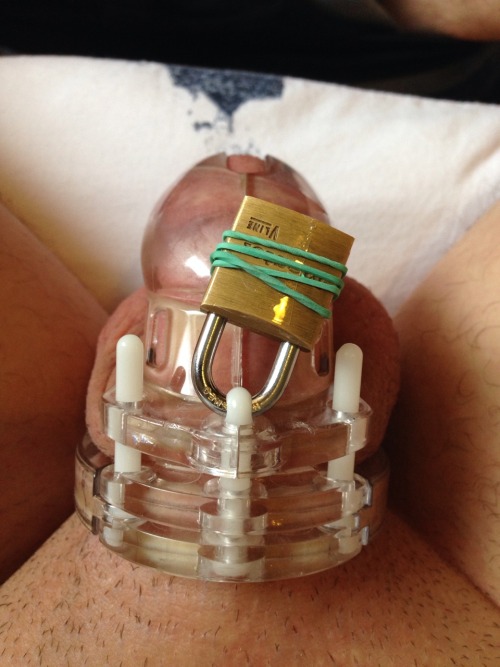 chastityboy1996:  Sqeezing my thick 6 inch long Dick in the small cb6000s where it belongs after cleaning the cage without any chance of cumming. 