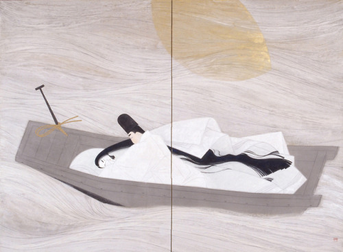 japaneseaesthetics:“A Boat Cast Adrift,” 1966. Sata Yoshiro’s two-panel folding sc