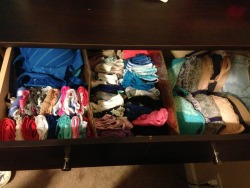 verycuriousvirgin:  Someone wanted to see my underwear drawer, so here you go. The very left is sports bras and panties that I wear on a regular basis. The middle section has the panties that I want to keep new until the ones that I wear normally wear
