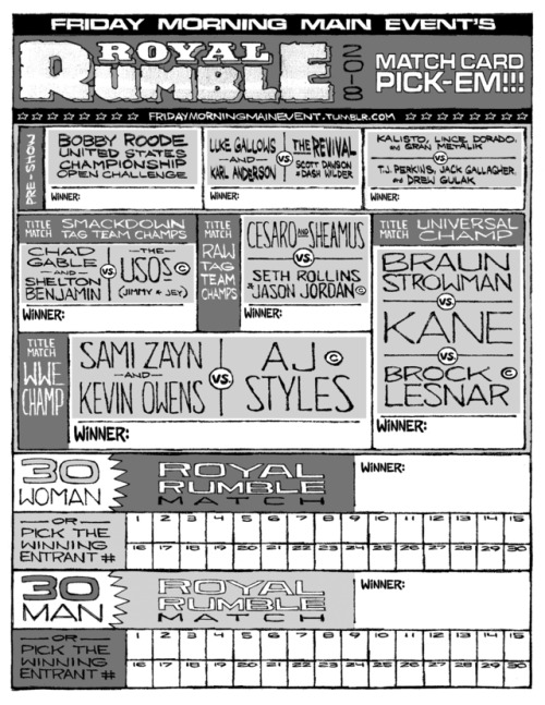 Hey Kids! You want a ROYAL RUMBLE 2018 Pick-em Sheet?!?! You GOT one!!! Perfect for your ROYAL RUMBL