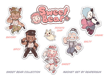 sweetbearcomic: yaoi-revolution:    NEW COLLECTIBLES! SWEET BEAR and PALS are HERE! Sweet Bear by Reapersun collectible magnets are now available from our shop! Sweet Bear and his friends Salty, Savory, Spicy, and Umami all live in the same building in