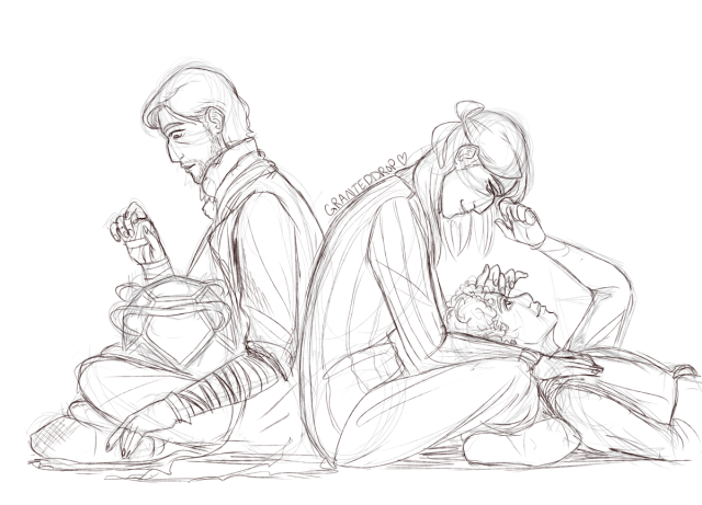 A digital sketch of Caleb Widogast and Essek Thelyss from Critical Role. Two versions of Caleb sit back to back and look down at things in his lap. On the left, Caleb is dressed in his dirty and torn level 2 outfit with chin length hair. He is sitting rigidly and is staring cautiously and fascinated at a Luxon beacon. On the right, he is far more relaxed, dressed neatly, and his hair is much longer, half up. He is looking lovingly at Essek, who's smiling up to him with his head is resting in Caleb's lap. Caleb taps between Essek's brows with a fingertip and Essek brushes hair from Caleb's face.