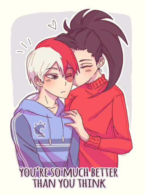 kannra21:  Todoroki is having insecurities regarding his left side so Momo gives him a chu to make him feel better. Red is Momo’s favorite color.