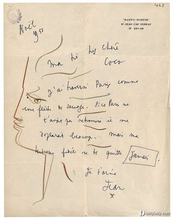 Dessin de Jean Cocteau à Coco Chanel (1950)