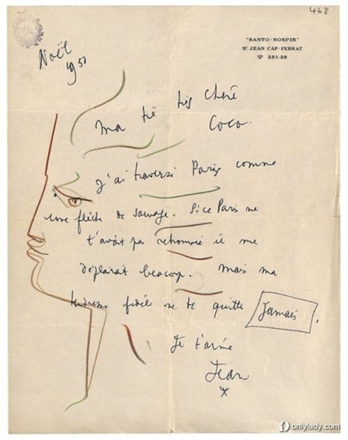 Dessin de Jean Cocteau à Coco Chanel (1950)