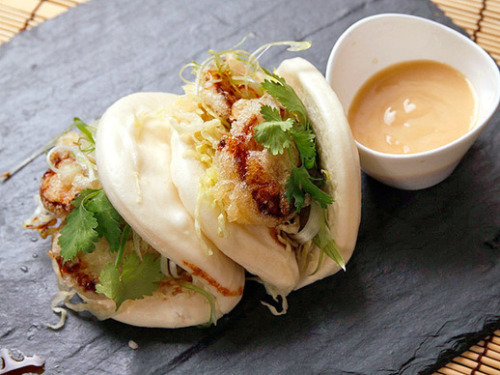 Vegan Steamed Buns with Tempura King Oyster Mushrooms and Agave-Miso Mayonnaise