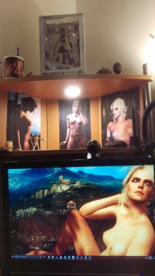 videogame-fantasies: xpsfm:  A follower of mine showed the below picture of her motivation shrine to get as fit as Ciri asap to cosplay her. I kinda feel honored that she also uses some of my screens here (except the one in the middle which is not from