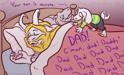 aliceapprovesart:  The Monster King Saw this really cute video of Asriel as Simba and it made me think of Asriel trying to wake up Asgore in the morning like Simba. A good opportunity to draw the goat family. BONUS: Movie night with the family.   ; u;